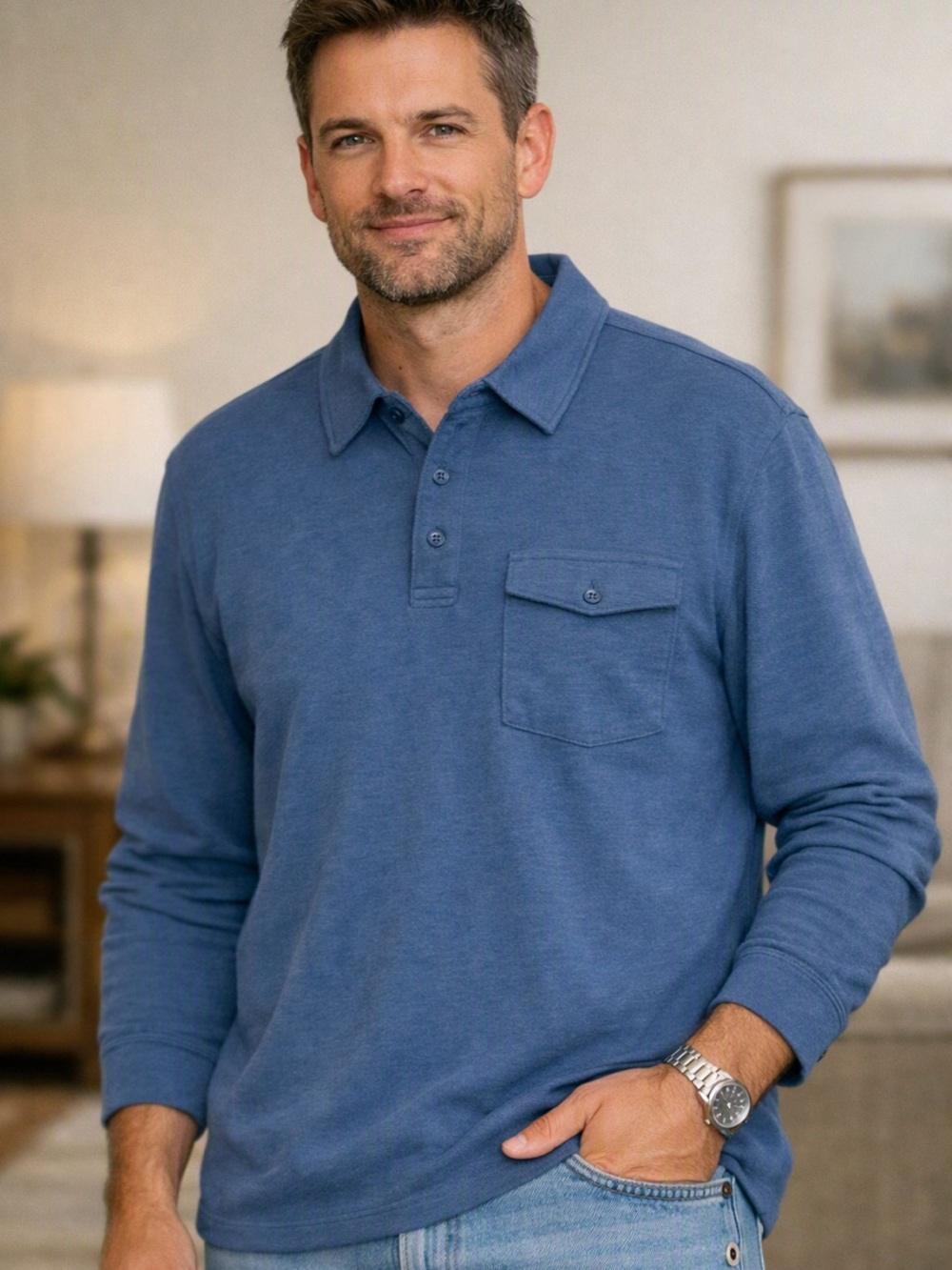 UNTUCKit Matthieu Men’s Long Sleeve Polo Shirt Blue XXL Pocket 40979
W